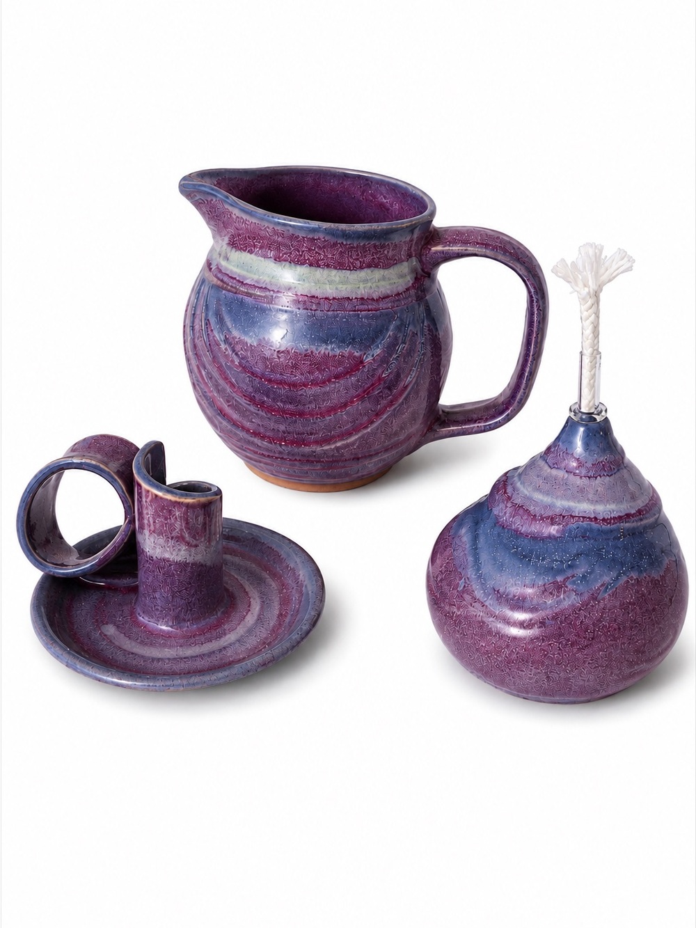 Handcrafted Purple Ceramic Pitcher Set with Candle Holder & Oil Lamp